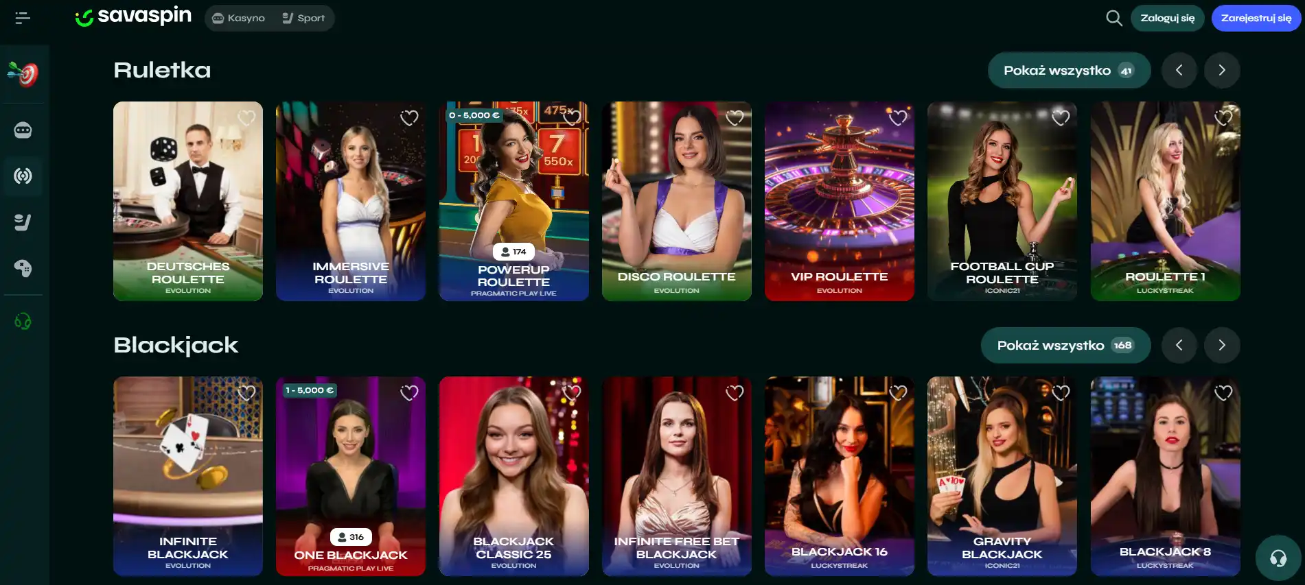 Lobby live casino Savaspin z widocznymi kategoriami stołów na żywo