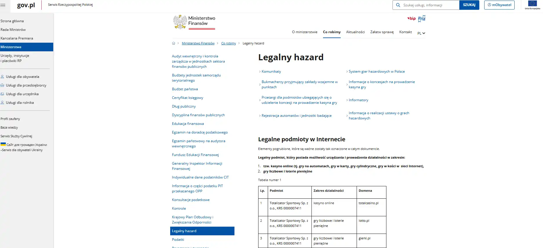 Strona Ministerstwa Finansów z informacją o legalnym hazardzie online w Polsce