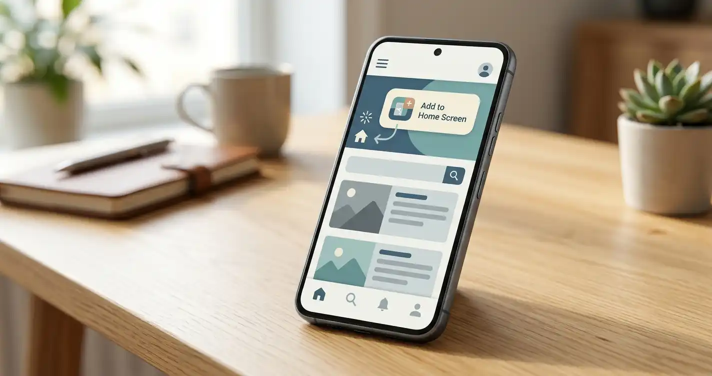 Smartfon z neutralnym interfejsem PWA i symbolem dodania skrótu do ekranu głównego